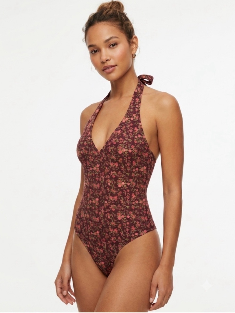 Free People Floral Halter Bodysuit in Burgundy and Pink